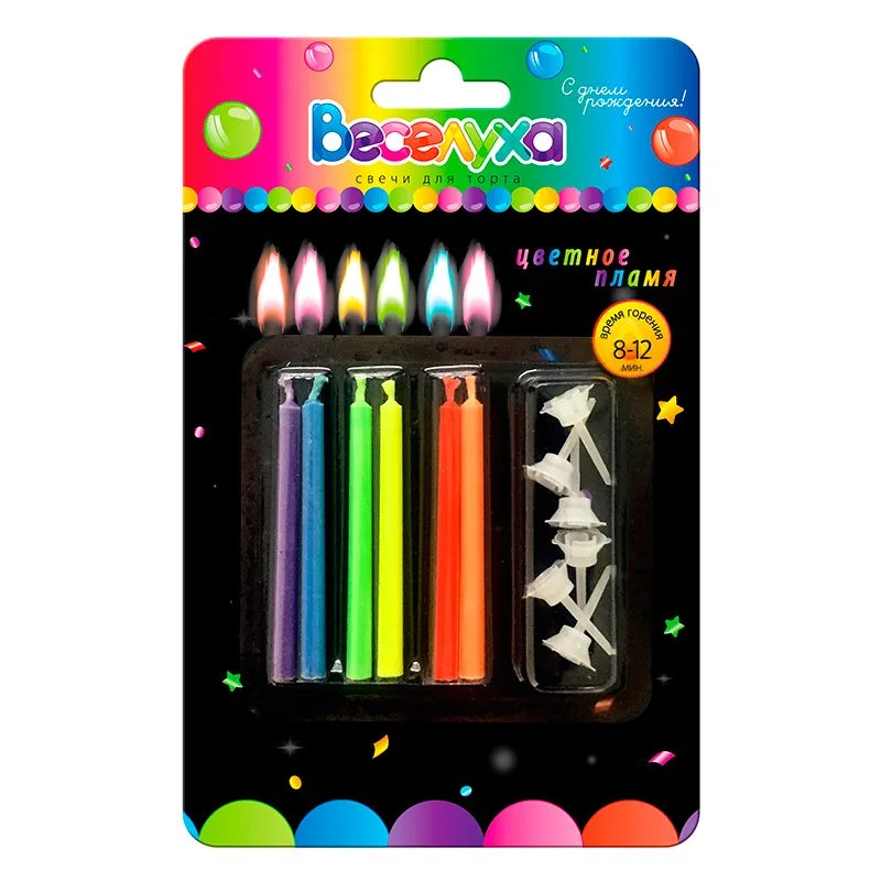 Свечи тортовые классические "Цветное пламя"/6 шт. 6 см./(Китай)