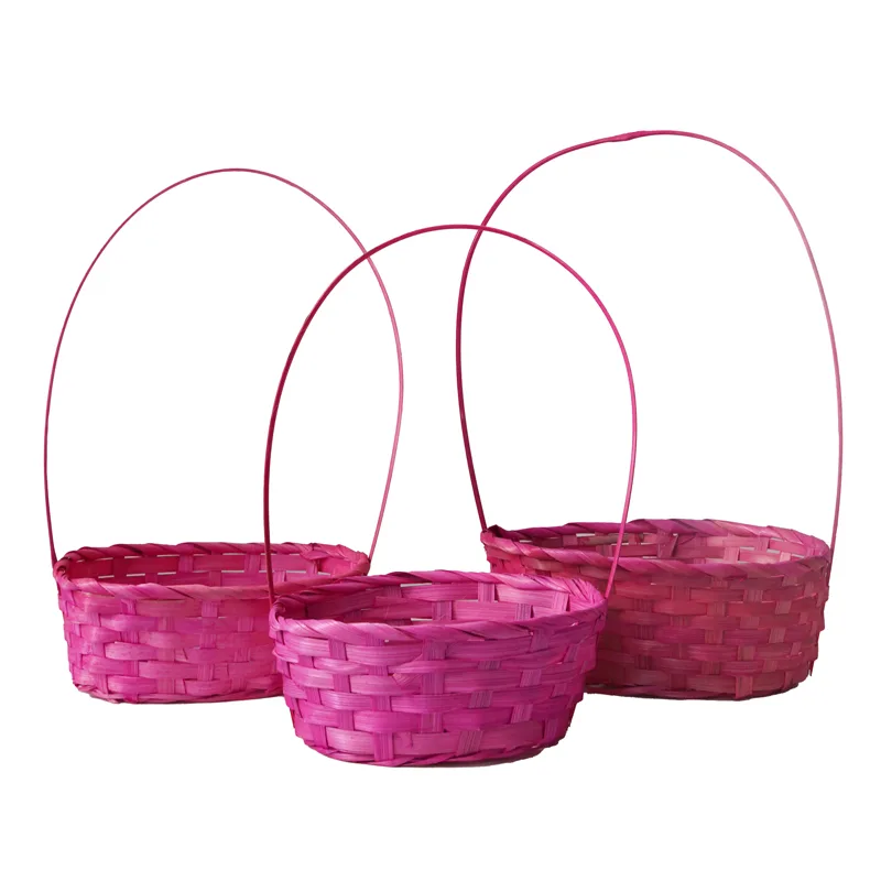 Набор плетеных корзин с ручкой 3 в 1. Бамбук, розовый 27*21*10 см
