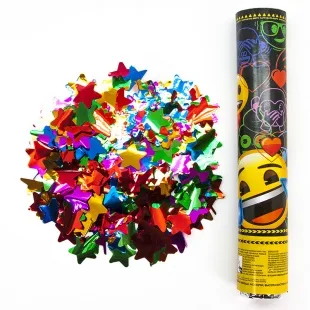 Пневматическая хлопушка (12/30 см), Смайл, Emoji, Металлизированные звезды, Черный, 1 шт.