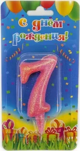 Свеча Цифра, 7 Овал, Розовый, с блестками, 7 см, 1 шт.