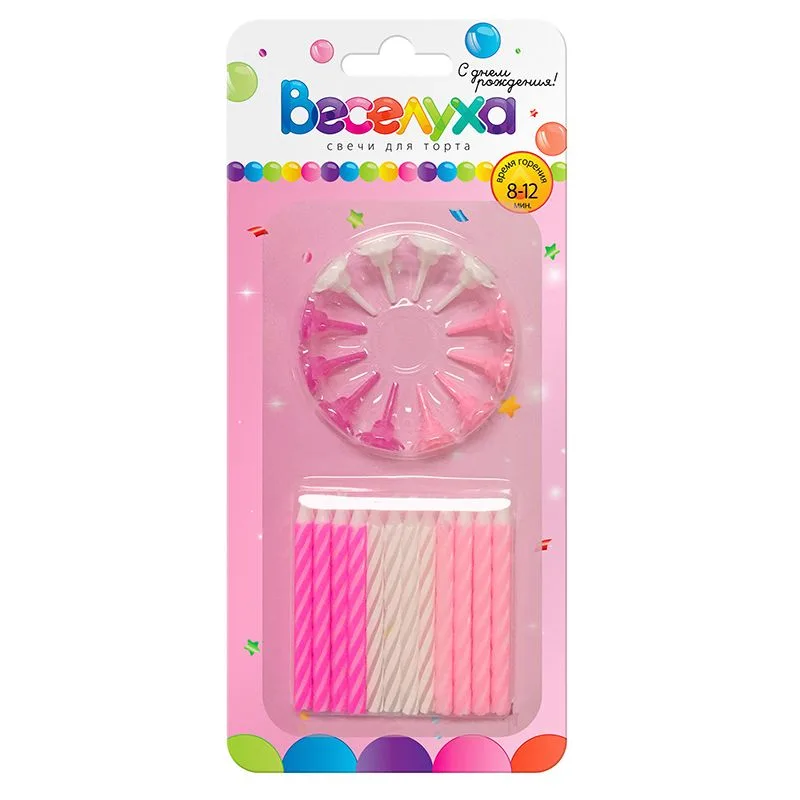Свечи тортовые классические "Микс" Розовый, нежно-розовый, белый с держателями, 24 шт.(Китай)