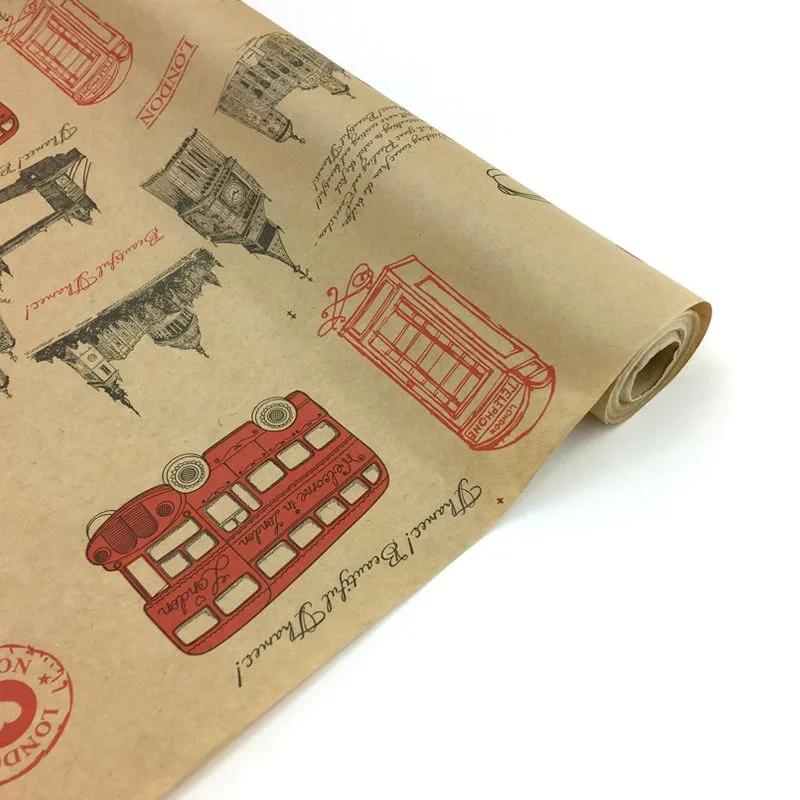 Крафт-бумага упаковочная "Лондон"  рисунок черный на коричневом / рулон 70 см*10м, 42 гр/м.кв