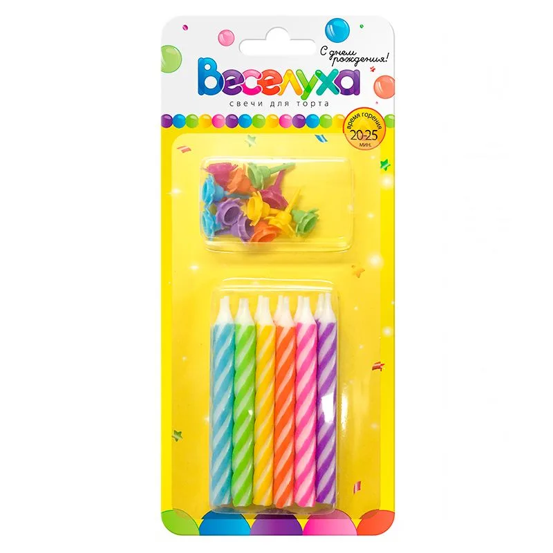 Свечи тортовые классические "Гиганты" Разноцветный неон с держателями 8 см. 12 шт.