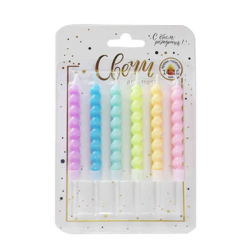 Свечи тортовые классические "Гиганты" Витые (Макаронс Пастель) с держателями 8 см. ,6 шт.