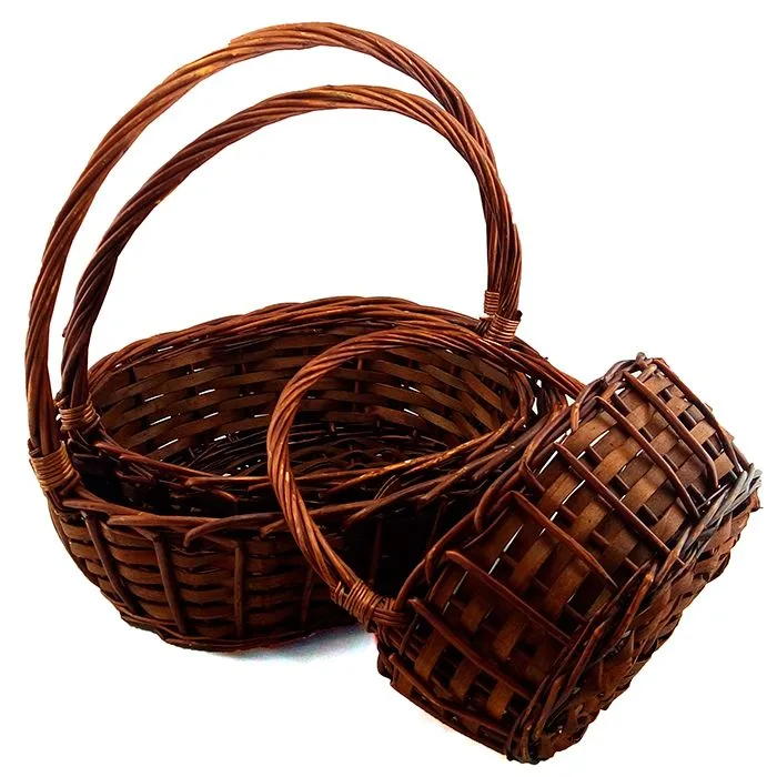 Набор плетеных корзин с ручкой 3 в 1. Ива коричневая / овал 20*26*25 см/26*33*30 см/31,5*37*35 см