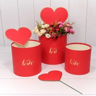 Набор коробок Цилиндр, Сердца, Признания в Любви, Красный, 19*19*19 см, 3 шт.