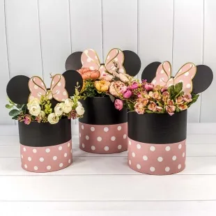 Набор коробок Цилиндр, Ушки с бантом, Черный/Розовый, 19*19*19 см, 3 шт.