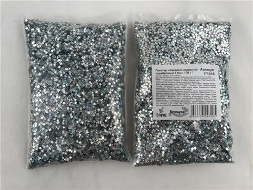 Глиттер "Звезды" лазерный серебряный 3 мм/100 г./ (Китай)