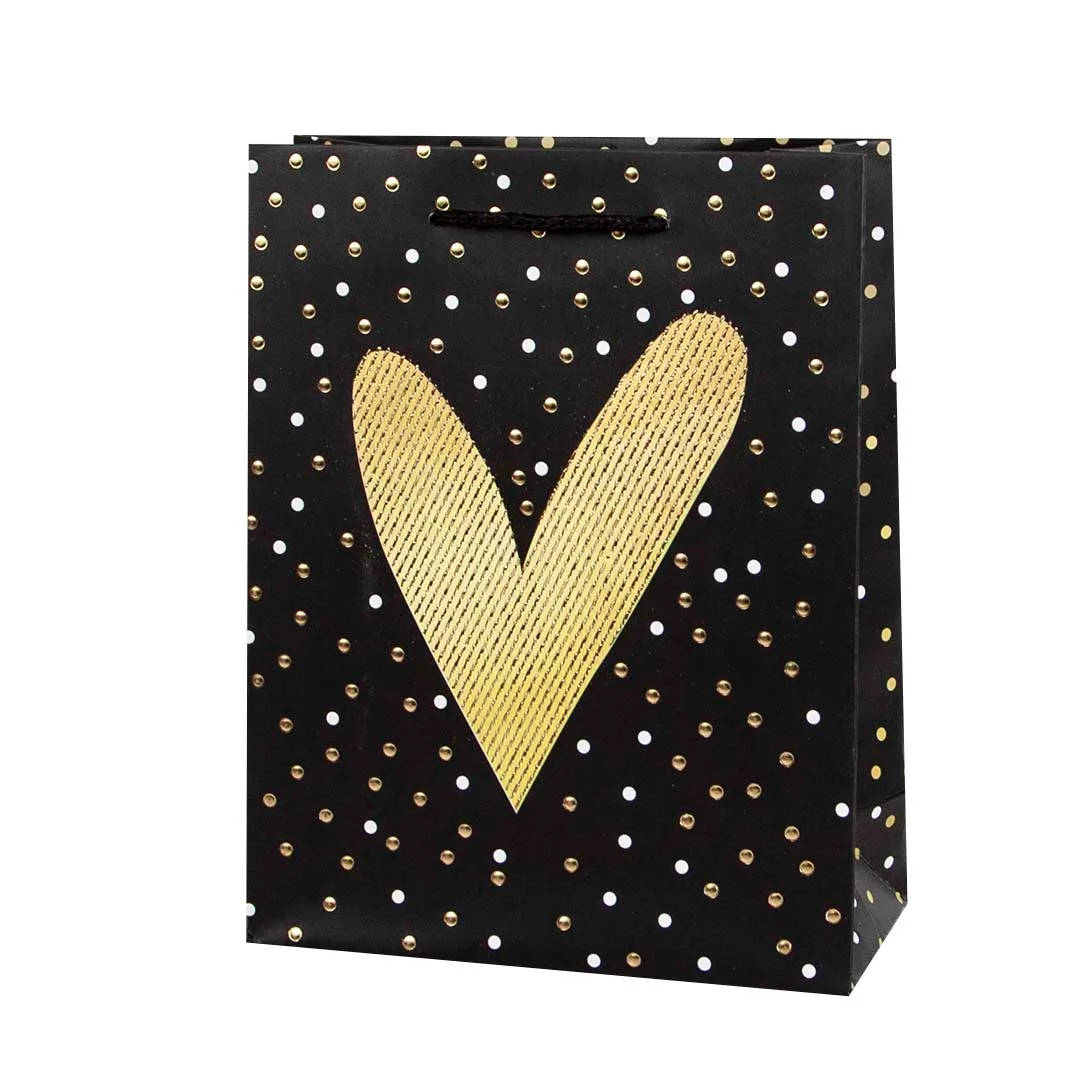 Пакет подарочный, Золотое сердечко, Черный, Металлик, 32*26*10 см, 1 шт.