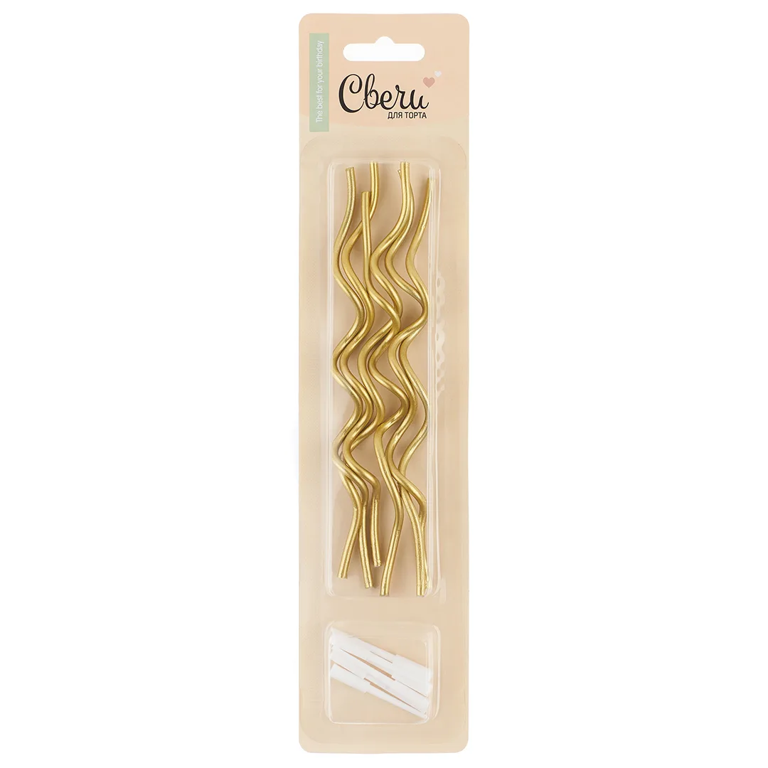 Свечи Коктейльные, Тонкие спирали, Золото, Металлик, 14,5 см, 6 шт. с держат.