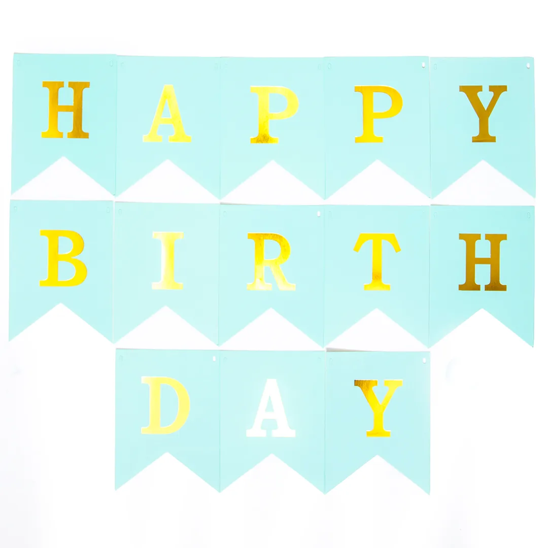 Гирлянда Флажки, Happy Birthday (золотые буквы), Мятный, Металлик, 160 см, 1 шт.
