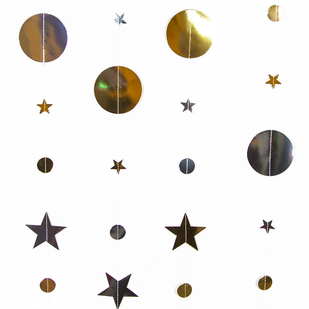 Гирлянда-подвеска Круги и звезды, Золото/Серебро, Металлик, 400 см, 1 шт.