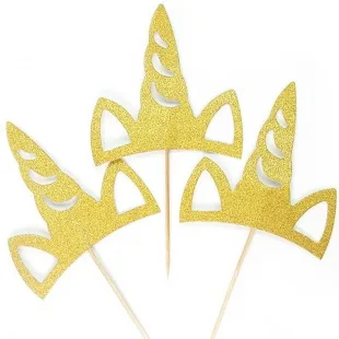 Топпер в торт, Единорог,  Золото, 3 шт.