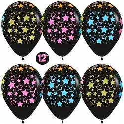 S 12"/30см Звезды, Черный, пастель, 5 ст. Многоцвет флюорисцентный, 50 шт.(Колумбия)