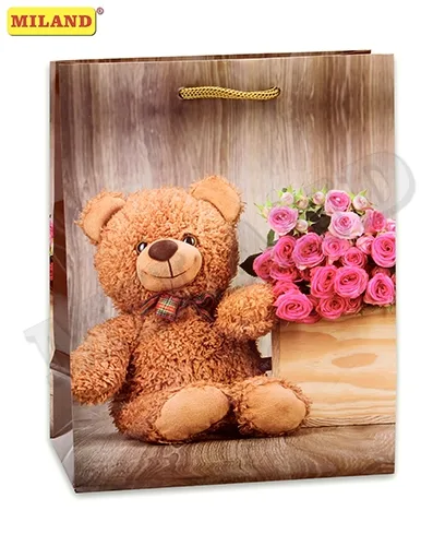 Пакет подарочный с глянцевой ламинацией 18х23х10 см (M) Мишка с цветами
