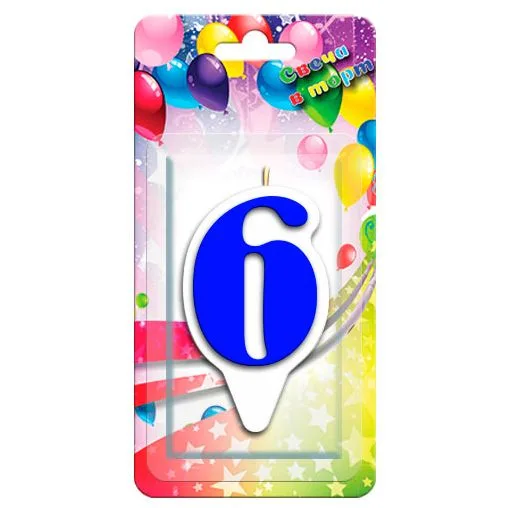 Свеча тортовая цифра "6" Волна" Синяя/1 шт./(Россия)