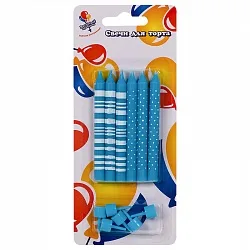 Свечи Полоски и Точки голубые 8 см с держателями 6 шт.