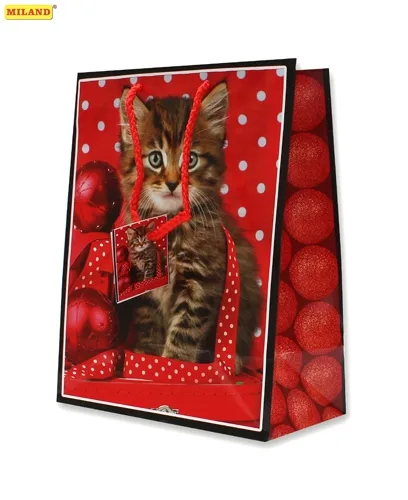Пакет подарочный Котенок и новогодние шары (М) 12 шт