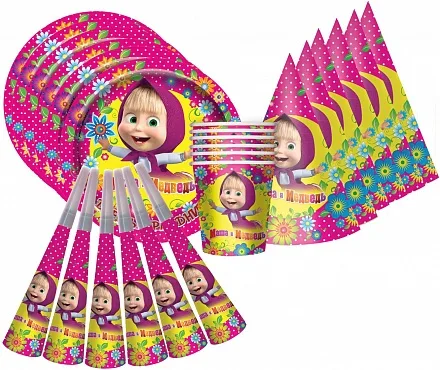 Набор для праздника "Маша и Медведь" / на 6 персон / 24 предмета