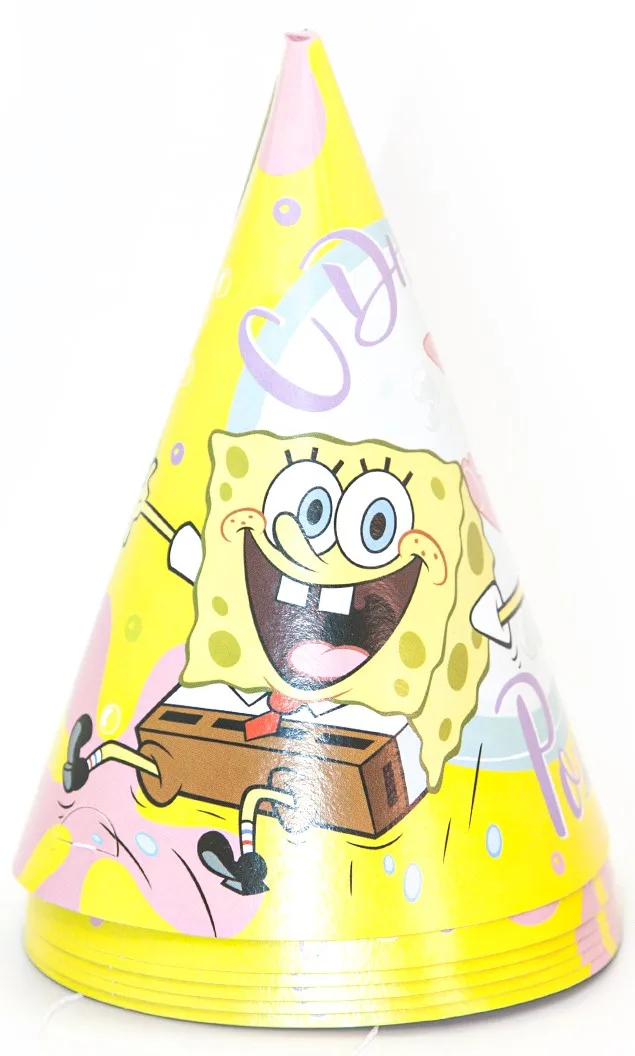 Колпаки, Губка Боб, С Днем Рождения!, Желтый, 6 шт.