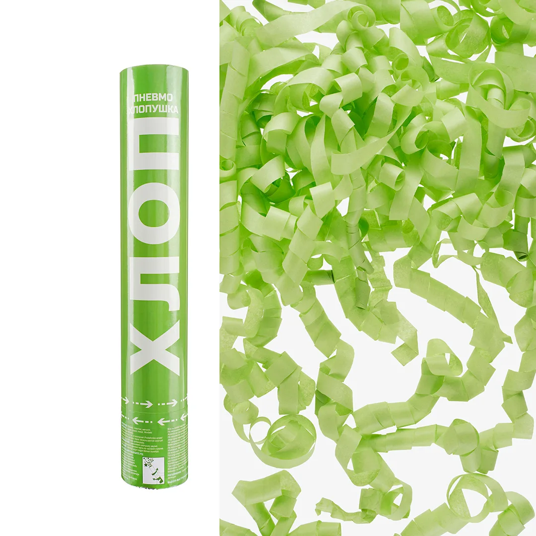 Пневмохлопушка (30 см), Хлопни, Серпантин тишью, Зеленый, 1 шт.