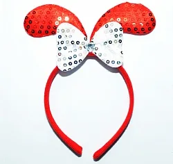 Ободок с ушками "Зайка",красные ушки с белым бантиком, блестящий