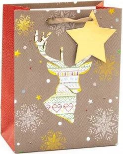 Пакет подарочный, Олень и снежинки, Крафт, Металлик, 32*26*12 см, 1 шт.