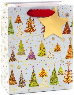 Пакет подарочный, Разноцветные елочки, Голубой, Металлик, 23*18*10 см, 1 шт.