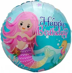 F 18"/46см Круг "С Днем Рождения (Русалочка), бирюзовый/ 1 шт./ (Китай)