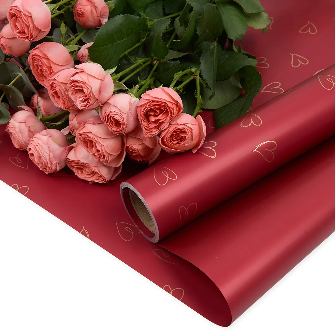 Упаковочная пленка 65мкр (0,58*10 м) Сердечки, Красный/Золото, Матовый, 1 шт.