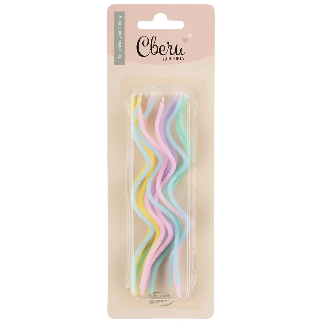 Свечи Коктейльные, Тонкие спирали, Ассорти, Макарунс, 0,3*15 см, 12 шт. с держат