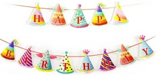 Гирлянда Флажки, Happy Birthday, Праздничные колпачки, 180 см, 1 шт.