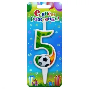 Свеча Цифра, 5 Футбольный мяч, 10 см, 1 шт.