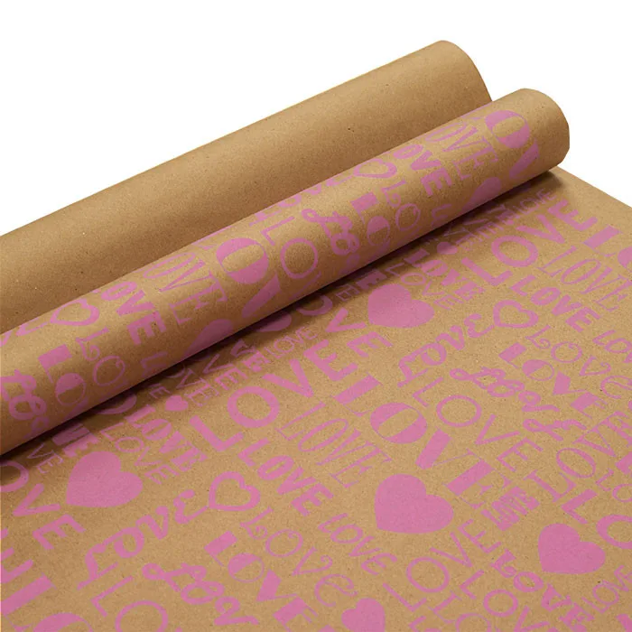 Крафт-бумага упаковочная "LOVE" рисунок розовый на коричневом / рулон 70 см*9м, 70 гр/м.кв