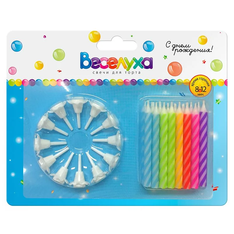 Свечи тортовые классические Разноцветный неон (Ассорти) с держателями 6 см. 24 шт.
