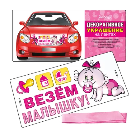 Декоративное украшение на лентах из ОБЪЕМНОГО ПЛАСТИКА "Везем малышку" 420х190