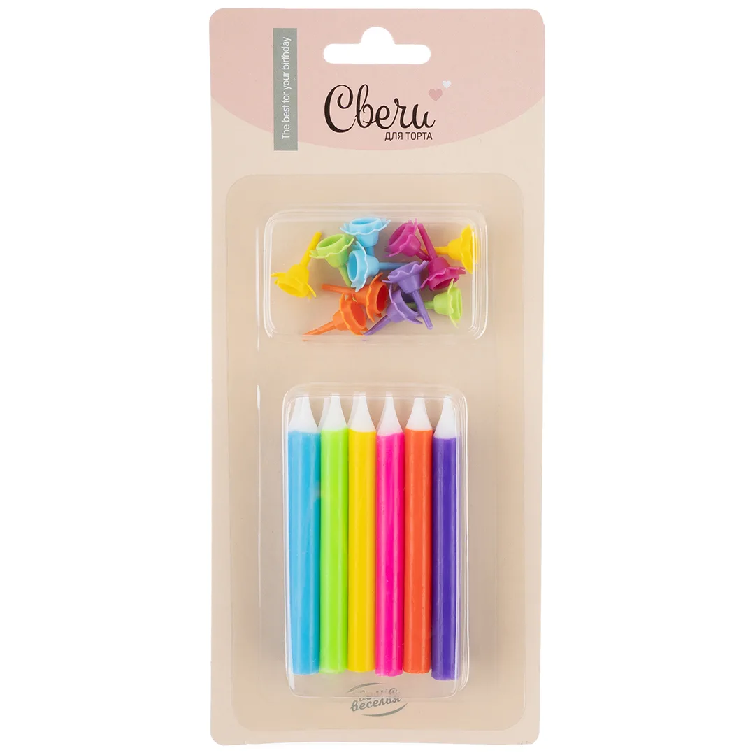 Свечи Яркая радуга, Ассорти, 0,8*8 см, 12 шт. с держат.