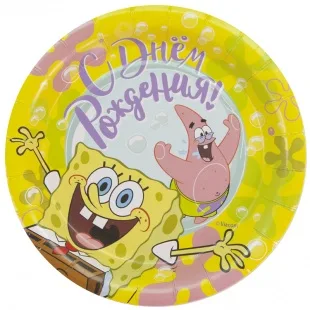 Тарелки (18 см) Губка Боб, С Днем Рождения!, Желтый, 6 шт.