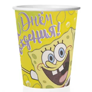 Стаканы (250 мл) Губка Боб, С Днем Рождения!, Желтый, 6 шт.