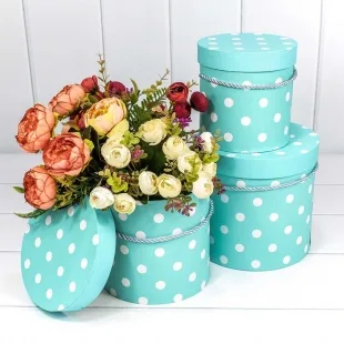 Набор коробок Цилиндр, Белые точки, Бирюзовый, 18*18*17 см, 3 шт.