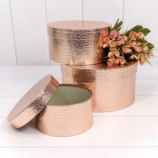 Набор коробок Цилиндр, Текстура кожи, Розовое Золото, Металлик, 21*21*11 см, 3 шт.
