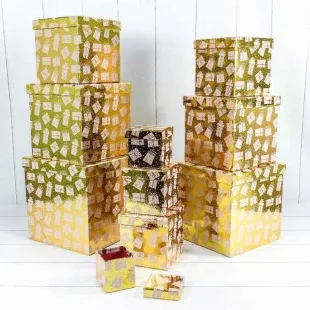Набор коробок Куб, Новогодние подарки, Золото, Металлик, 26*26*26 см, 10 шт.