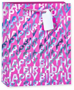 Пакет подарочный, С Днем Рождения! (буквы), Розовый, Голография, 32*26*12 см, 1 шт