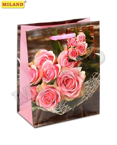 Пакет подарочный Нежные розы в вазе (S) 12 х 15 х 6