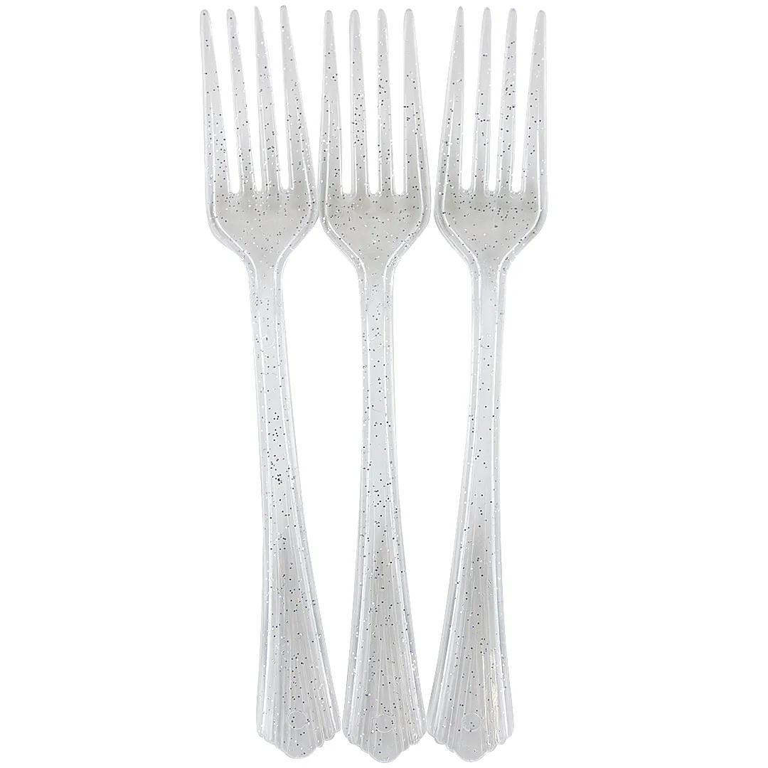 Вилки, Прозрачный/Серебро, с блестками, 18 см, 10 шт. ,