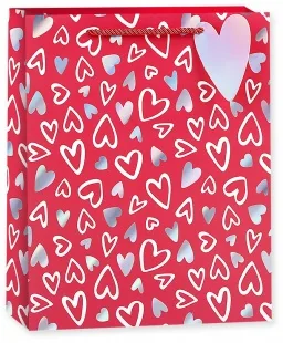 Пакет подарочный, Граффити сердец, Красный, Голография, 23*18*10 см, 1 шт.