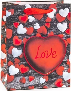 Пакет подарочный, Любовь, Конфетти сердец, Красный, Металлик, 23*18*10 см, 1 шт.