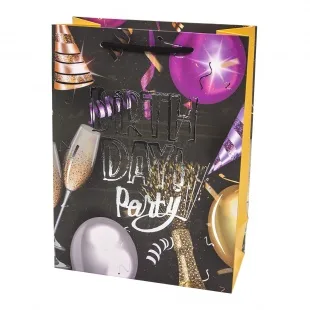 Пакет подарочный, С Днем Рождения! (бокал шампанского), Черный, Металлик, 32*26*10 см, 1 шт.