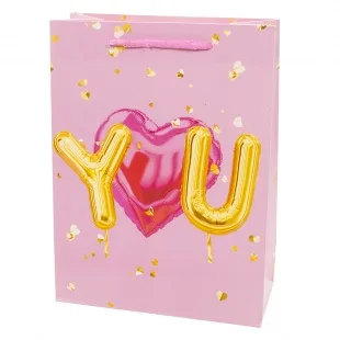 Пакет подарочный, Признание в любви (золотые буквы), Розовый, 24*18*9 см, 1 шт.