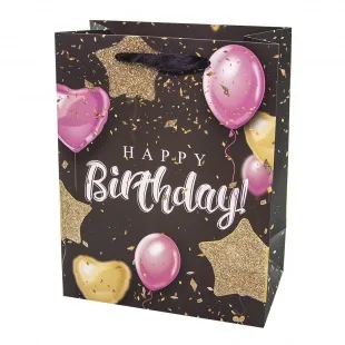 Пакет подарочный, С Днем Рождения! (розовый микс), Черный, с блестками, 23*18*10 см, 1 шт.